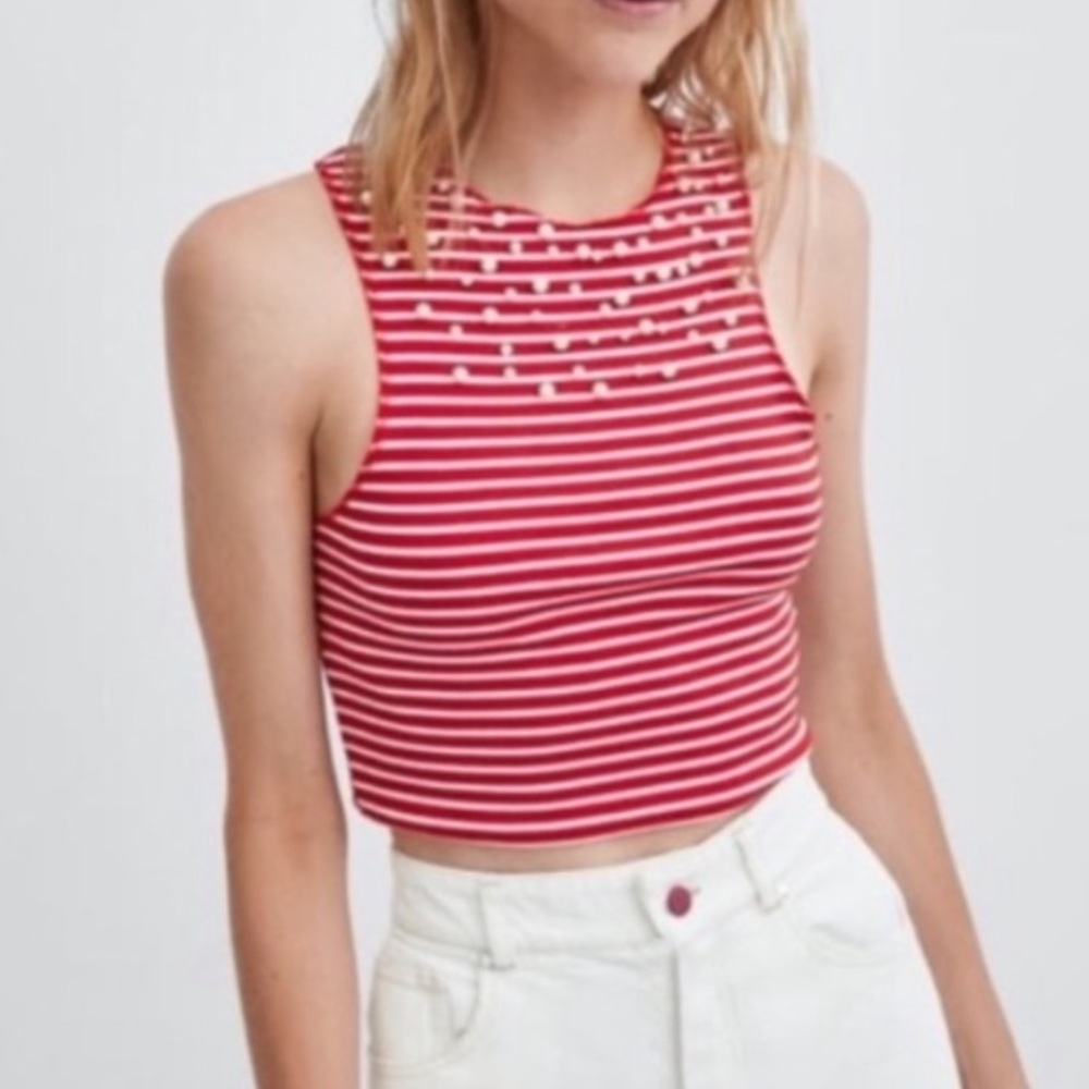 ZARA TRAFALUC Red & White Stripe Pearl Beaded Crop Sleeveless Tank Top M